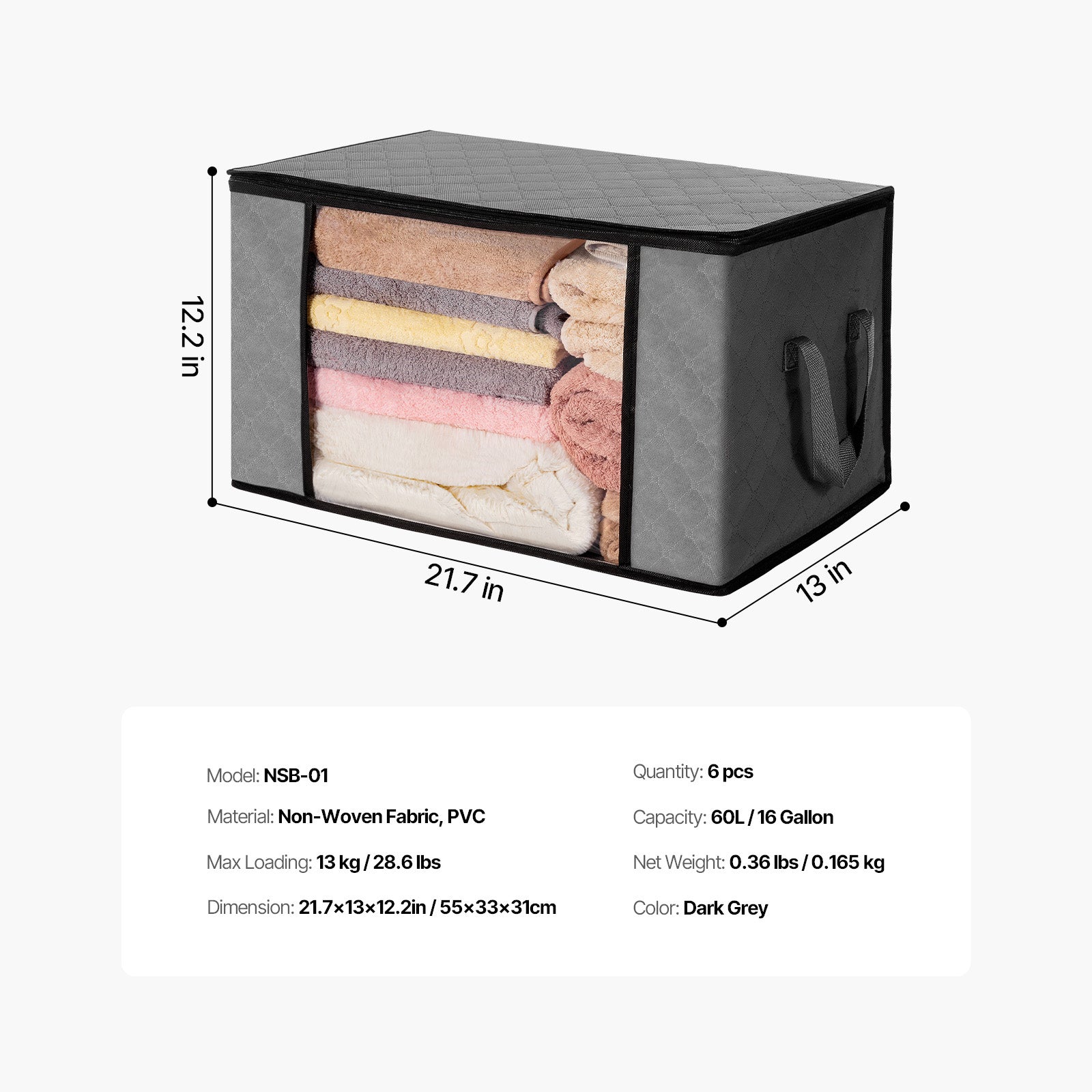 60L Large Storage Bags, 6 Pack Clothes Storage Bin, Foldable Closet Organizers Containers with Handle, Nov-woven Fabric Storage Bag for Clothing, Blanket, Comforter, Bed Sheet, Pillow(Grey)