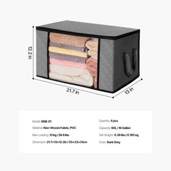 60L Large Storage Bags, 6 Pack Clothes Storage Bin, Foldable Closet Organizers Containers with Handle, Nov-woven Fabric Storage Bag for Clothing, Blanket, Comforter, Bed Sheet, Pillow(Grey)