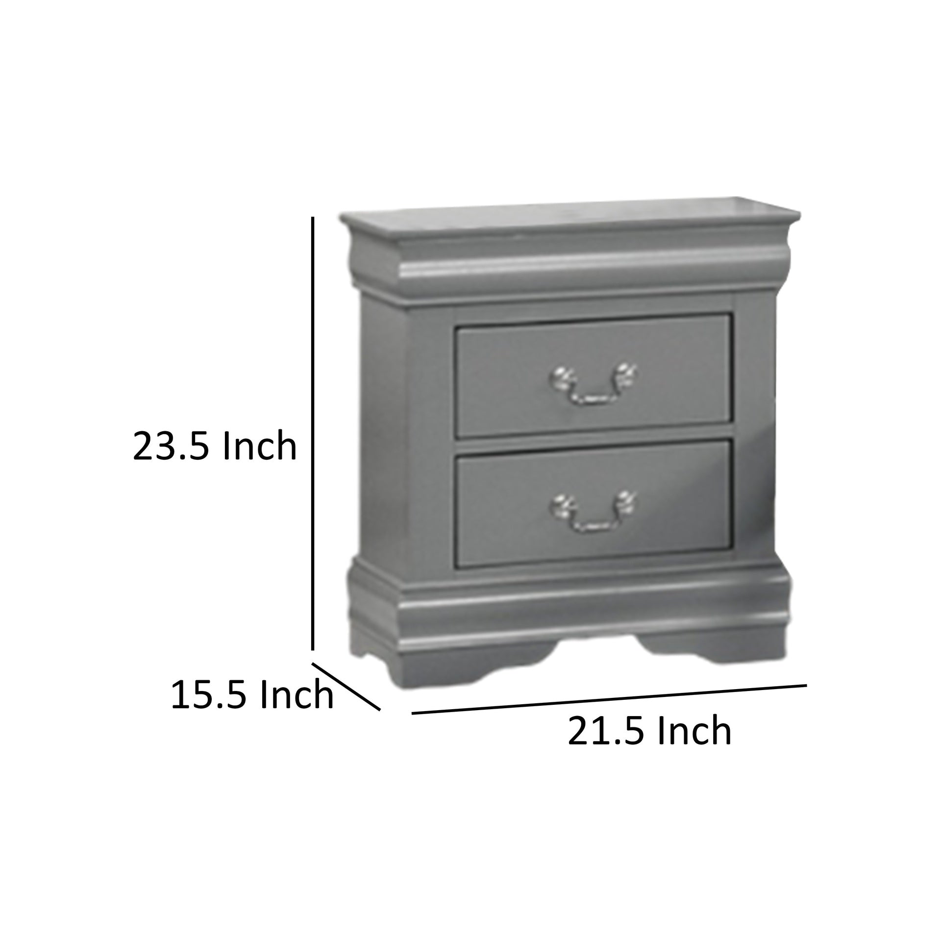 Ryla Nightstand, 2 Drawers, Light Gray Solid Wood, Nickel Drop Handles