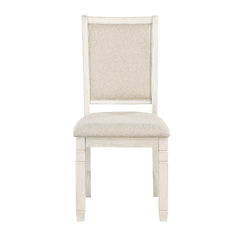 Antique White Finish Wooden Side Chairs 2pcs Set Textured Fabric Upholstered Dining Chairs