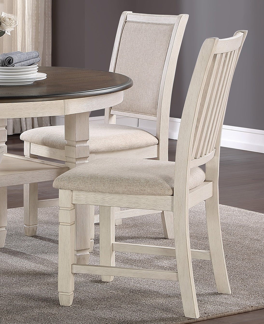 Antique White Finish Wooden Side Chairs 2pcs Set Textured Fabric Upholstered Dining Chairs