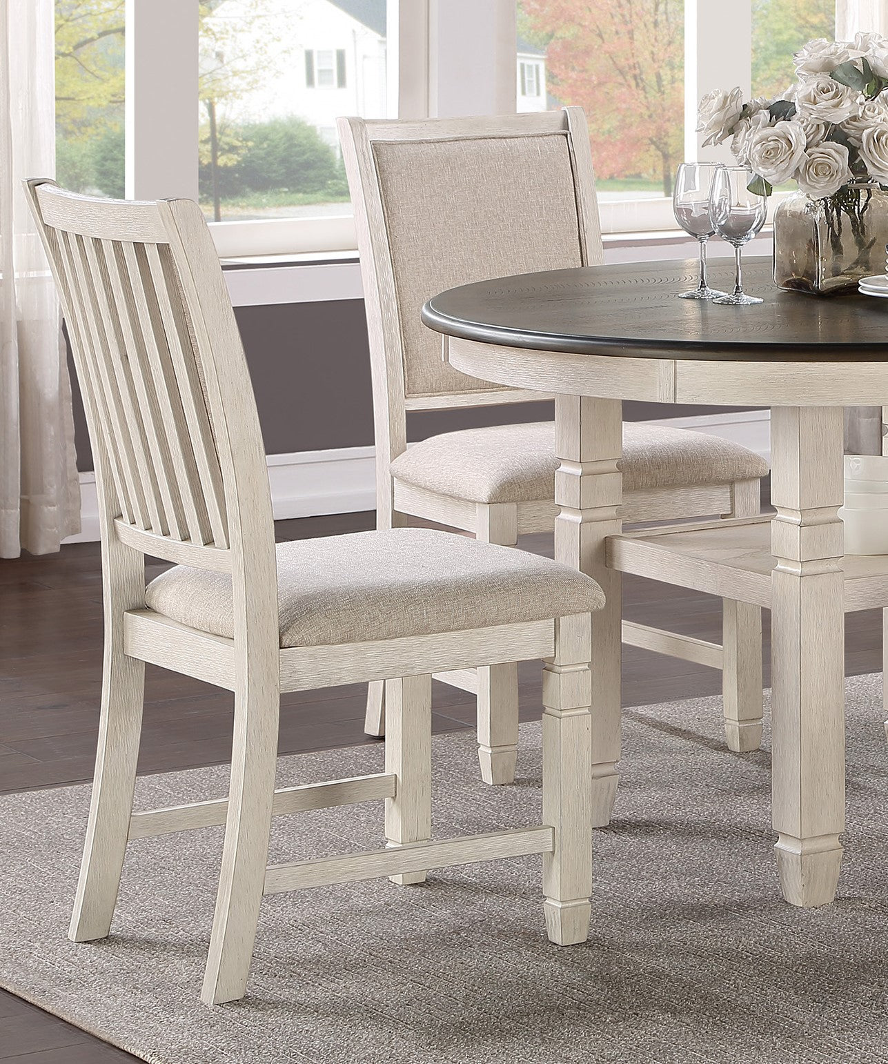 Antique White Finish Wooden Side Chairs 2pcs Set Textured Fabric Upholstered Dining Chairs