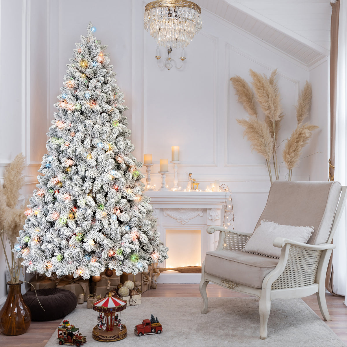 6FT Flocked Christmas Tree with 350 Colorful UL Lights and 36 Natural Pine Cones – 888 Snowy PVC Tips, Hinged Branches, Stable Metal Stand, Easy Setup