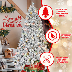 6FT Flocked Christmas Tree with 350 Colorful UL Lights and 36 Natural Pine Cones – 888 Snowy PVC Tips, Hinged Branches, Stable Metal Stand, Easy Setup