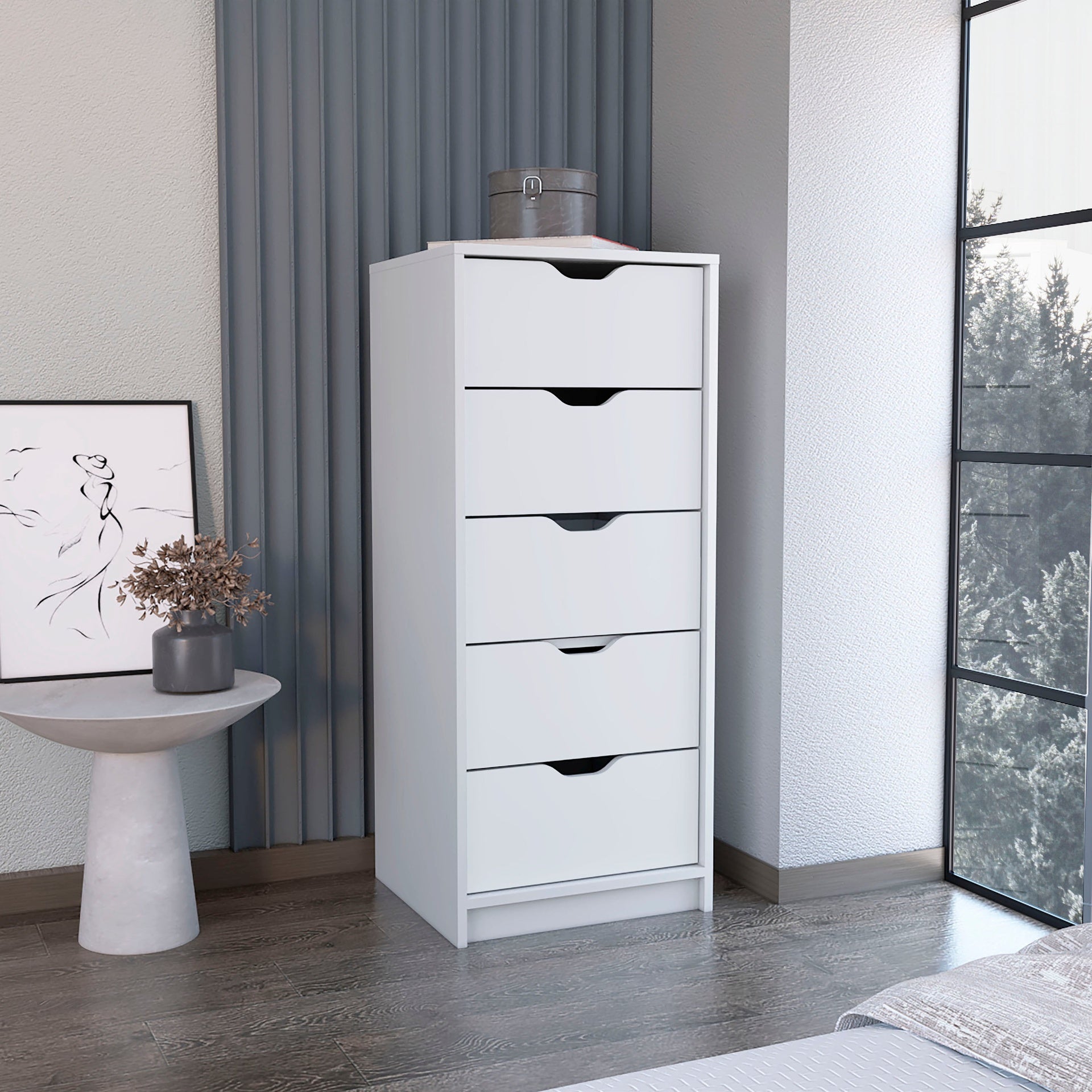 Dresser 42 inchH, 5 Drawers , Slim Storage Chest of Drawers, White