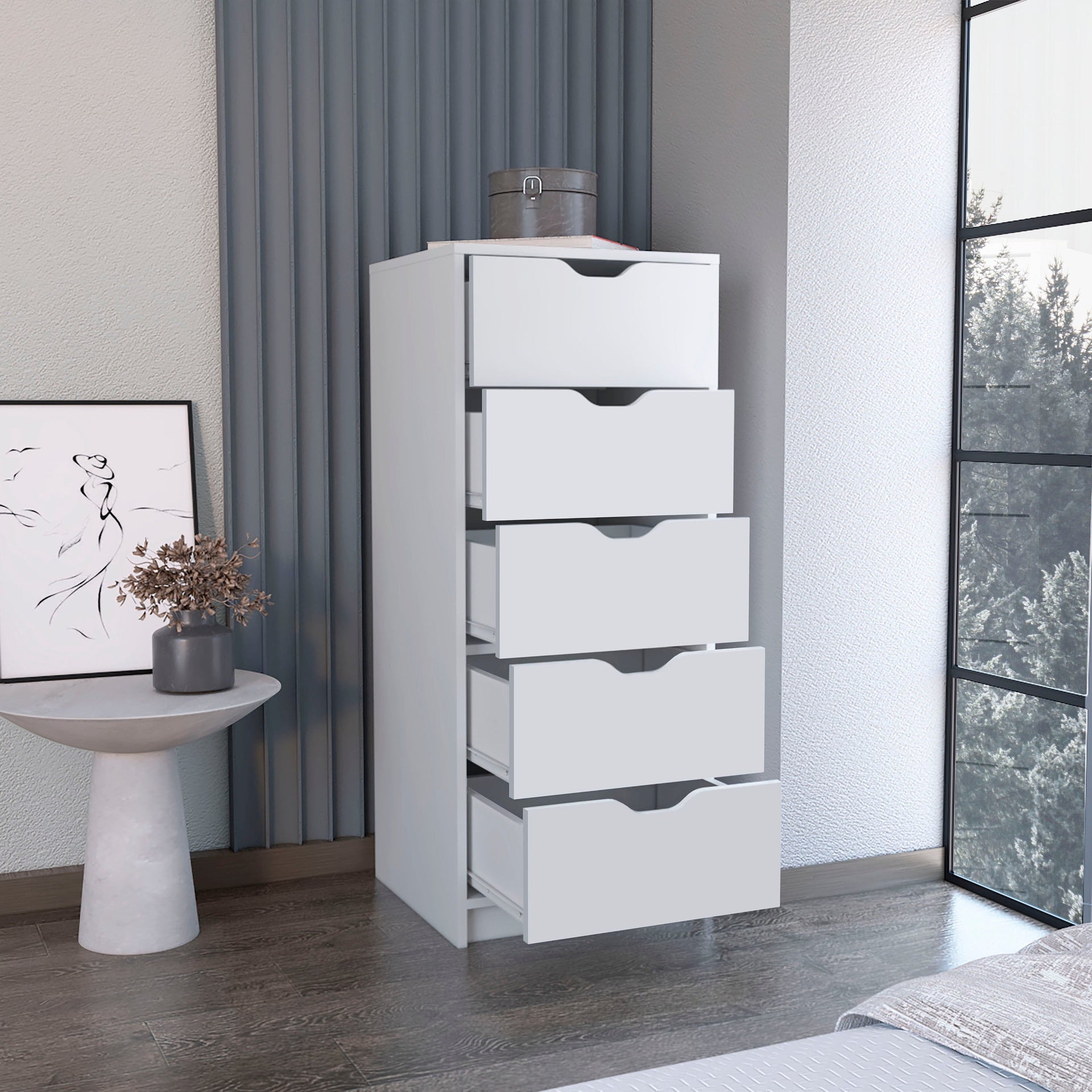 Dresser 42 inchH, 5 Drawers , Slim Storage Chest of Drawers, White