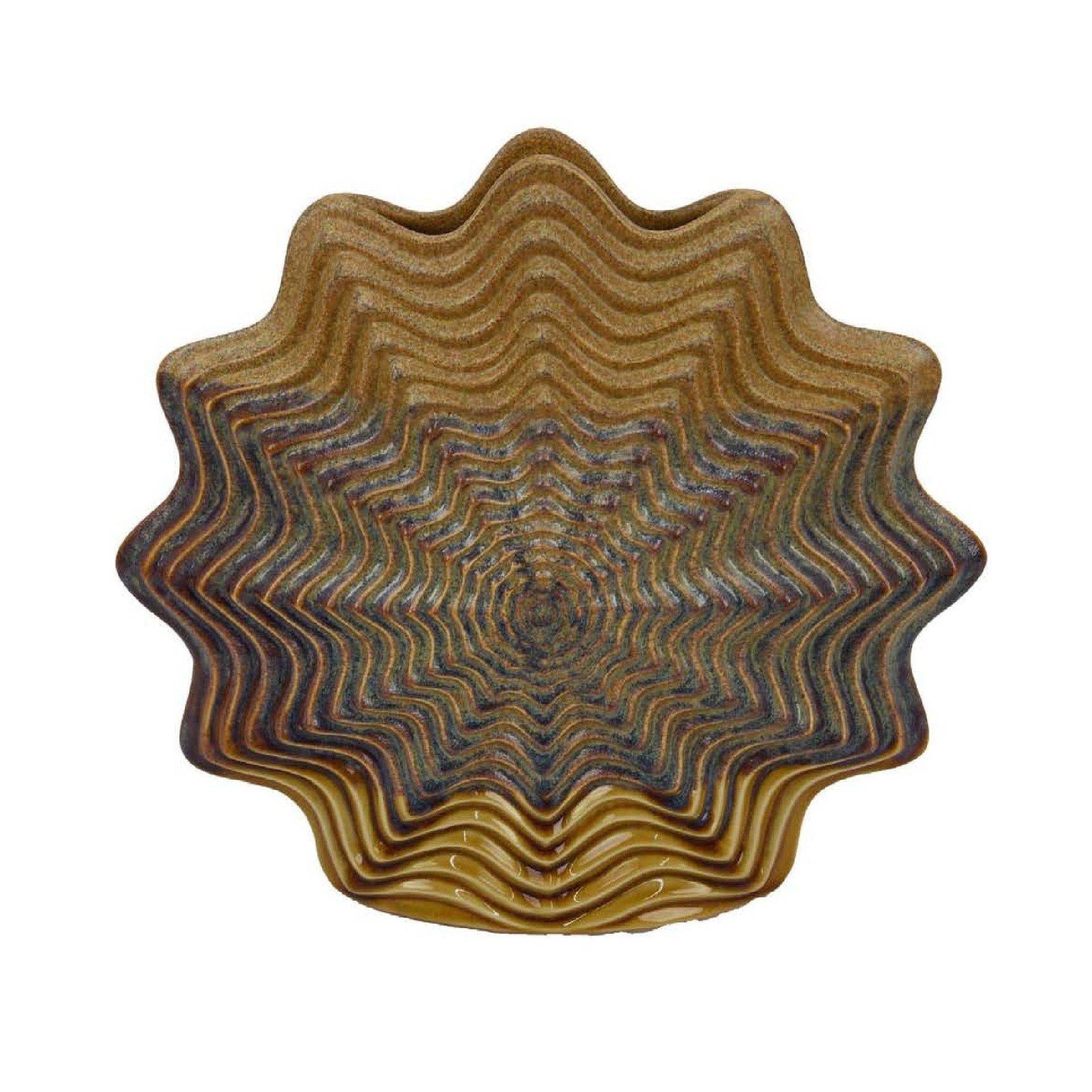 Decorative Vase, Brown, Gray Ceramic, Unique Radial Rosette, 16 Inch