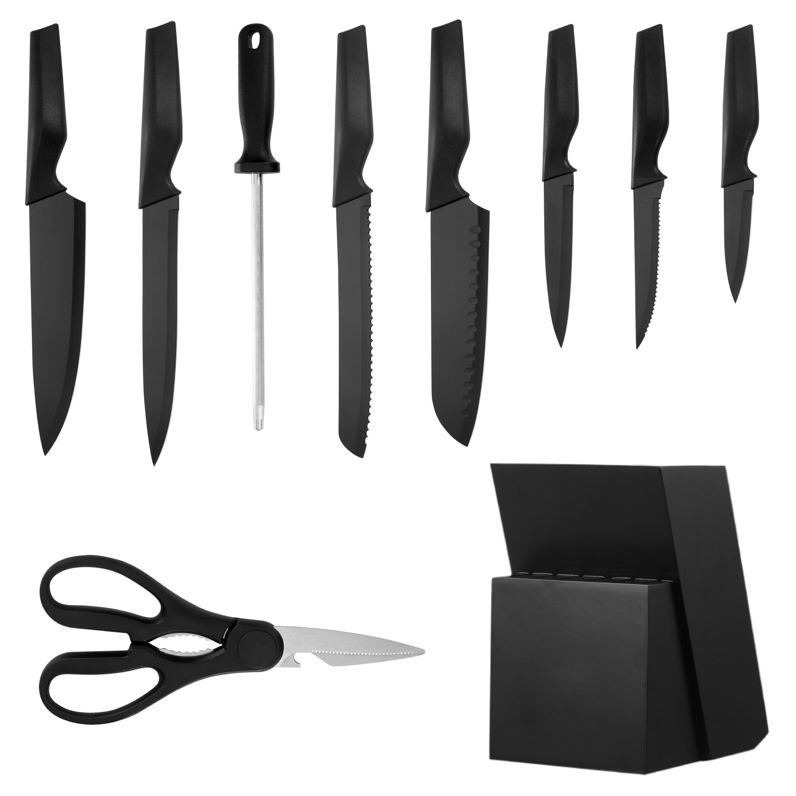 Kitchen Knife Set with Block and Sharpener, 15 Piece German High Carbon Stainless Steel Knife Set, Kitchen Cutlery with PP Ergonomic Handle, Sharpening Rod and Wooden Block, for Home Cooks