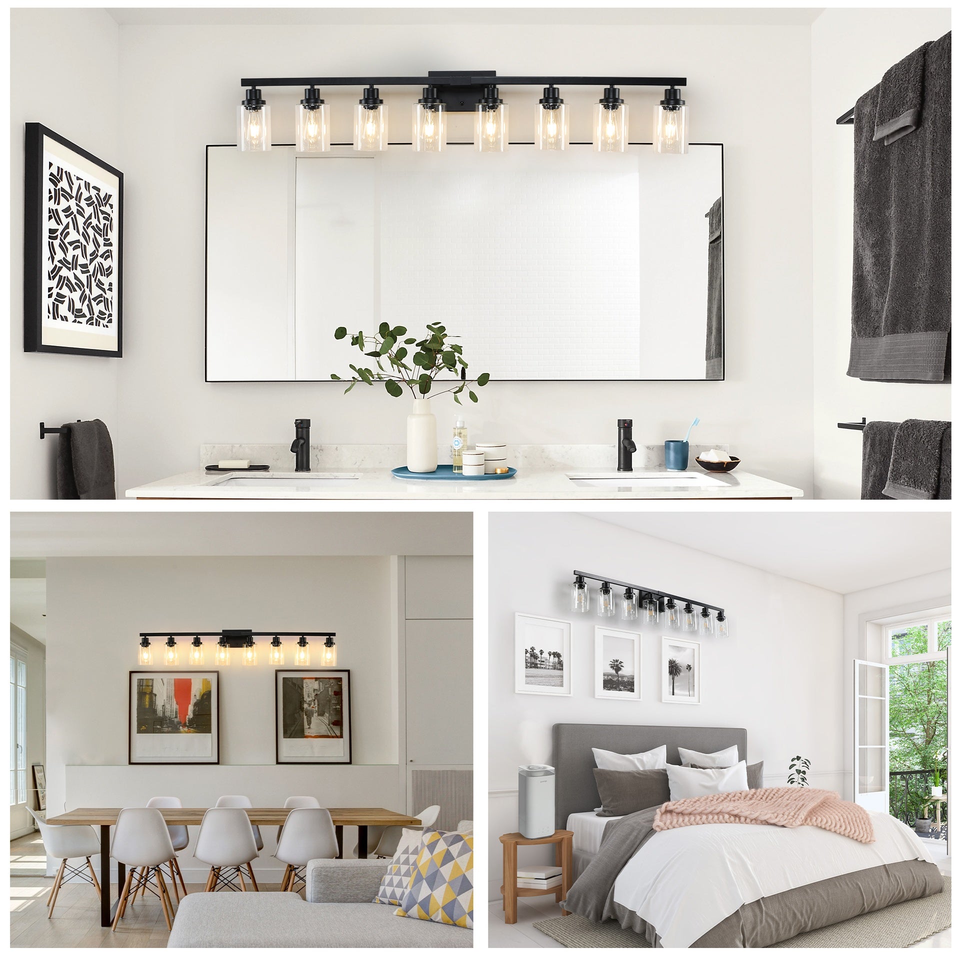 51" Black 8-Light Vanity Light with Clear Glass Shades, Modern Iron Metal Bathroom Wall Fixture for Mirror, Ideal for Bathroom and Dressing Table (No Bulbs)