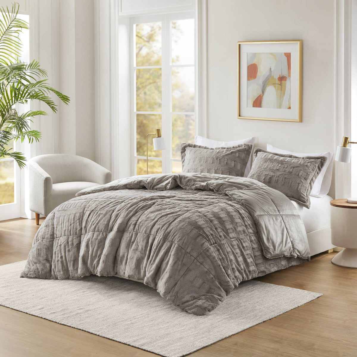 3 PCS King/Cal King Solid Faux Fur Comforter Mini Set Gray