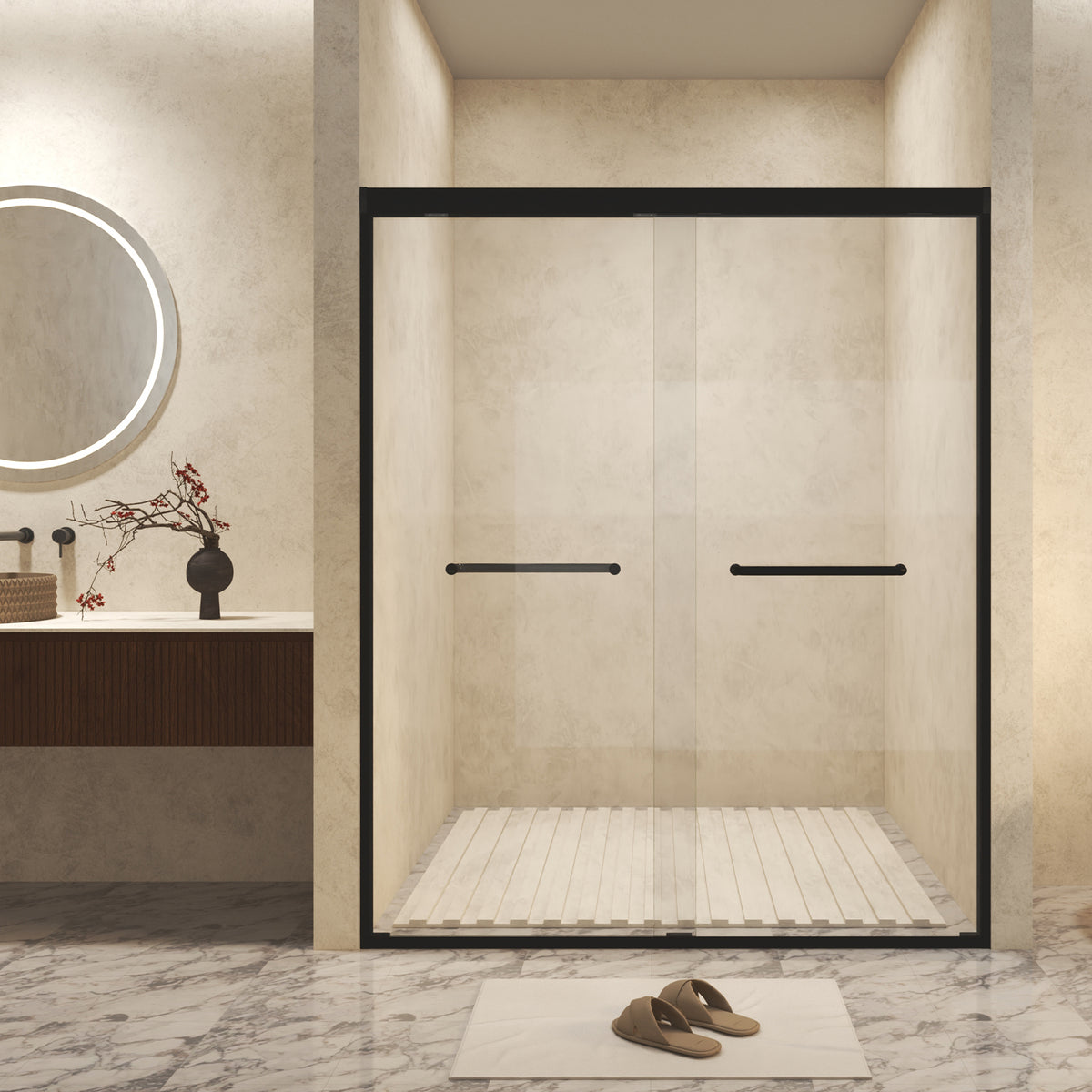 56-60 " x 72" Tempered Glass with Explosion Proof Film, Aluminum Frame Double Sliding Shower Door, "1/4 (6 mm), Stainless Steel handle, Matte Black