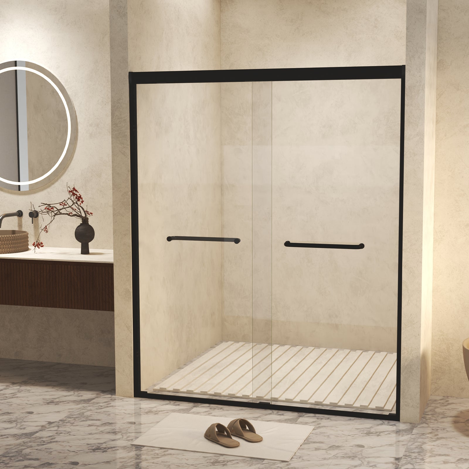56-60 " x 72" Tempered Glass with Explosion Proof Film, Aluminum Frame Double Sliding Shower Door, "1/4 (6 mm), Stainless Steel handle, Matte Black