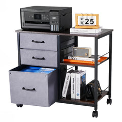 Mobile Metal File Cabinet with 3 Fabric Drawers and 2 Open Shelves Brown