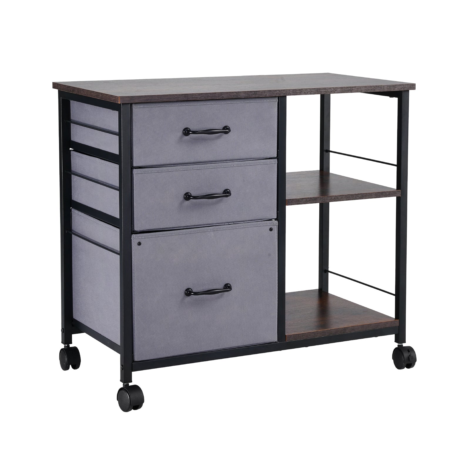 Mobile Metal File Cabinet with 3 Fabric Drawers and 2 Open Shelves Brown