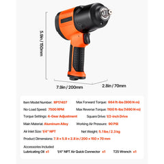 Air Impact Wrench, 1/2" Drive Pneumatic Impact Wrench Up to 1100 ft-lbs Reverse Torque, 7500RPM 4-Speed Adjustable & Lightweight Pneumatic Gun for Auto Repairs and Maintenance