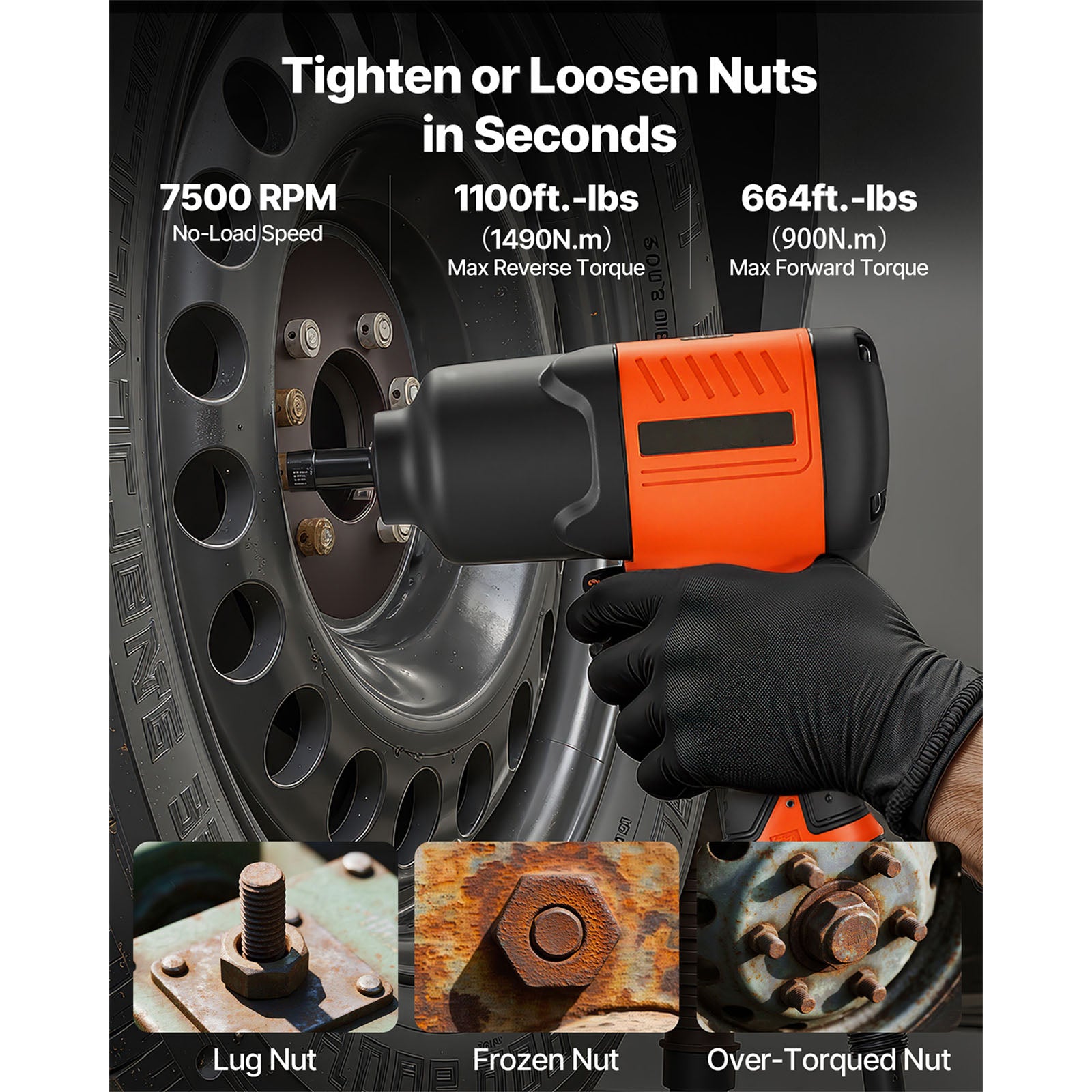 Air Impact Wrench, 1/2" Drive Pneumatic Impact Wrench Up to 1100 ft-lbs Reverse Torque, 7500RPM 4-Speed Adjustable & Lightweight Pneumatic Gun for Auto Repairs and Maintenance