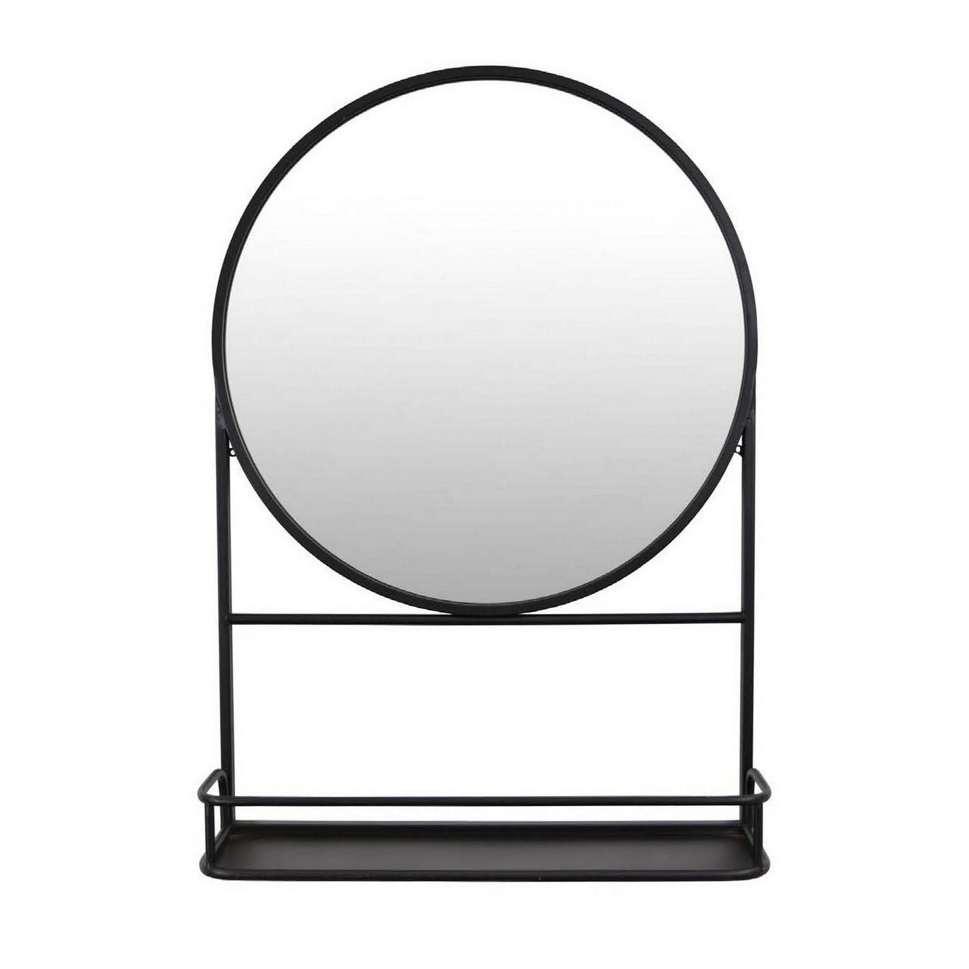 Feno Decorative Wall Mirror, 28 Inch Round Black Metal Frame w Rack