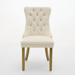 A&A Furniture, Nikki Collection Modern, High-end Tufted Solid Wood Contemporary Velvet Upholstered Dining Chair with golden Wood Legs Nailhead Trim 2-Pcs Set, Milky White,SW1401MW