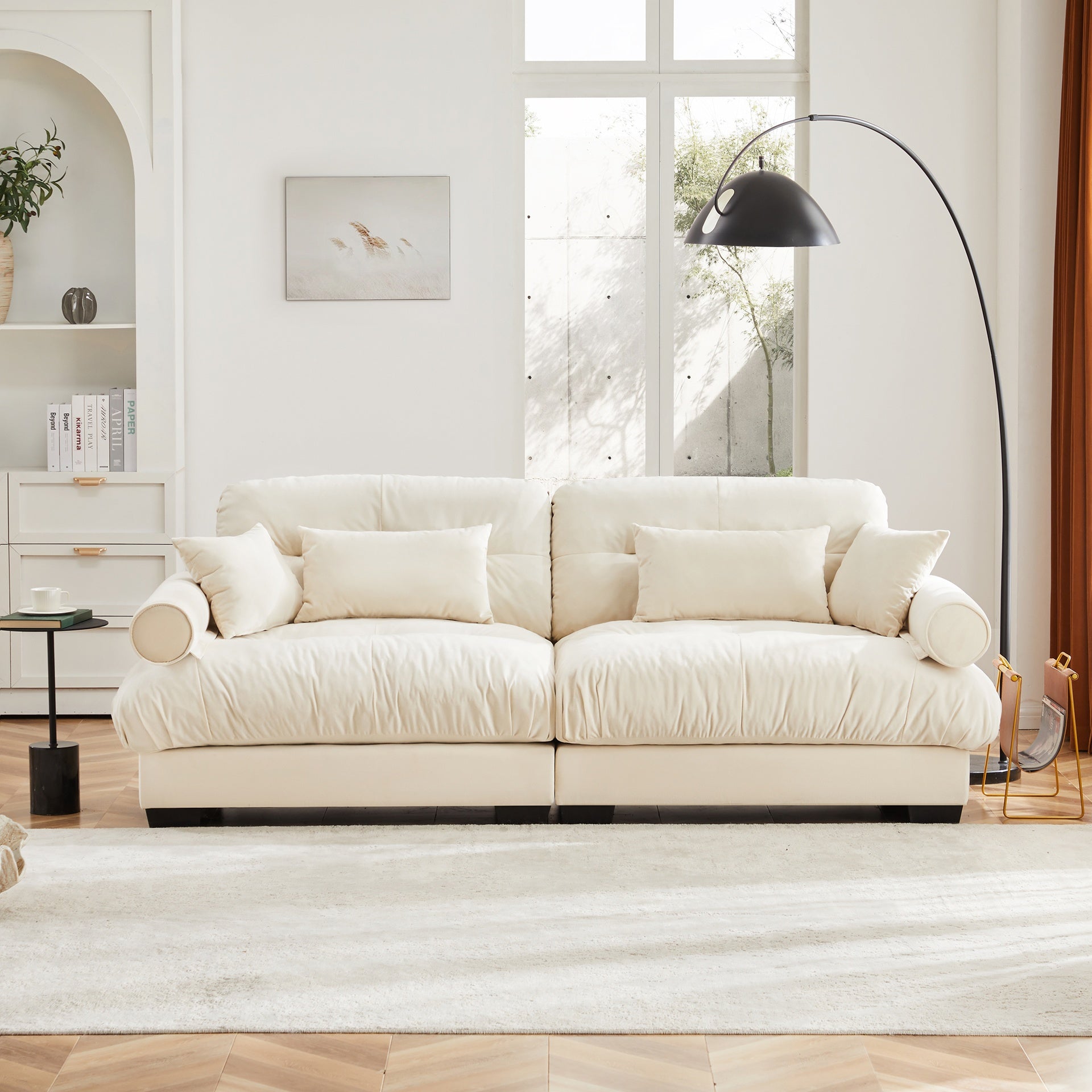 Large Size Modern Two-seater Sofa with Bolstered Armrests,Velvet 2-Seater Sofa With Waist Pillows and Throw Pillows , Suitable for Living Room , Loft, Working Spaces , Hallway and Bedroom,Cream