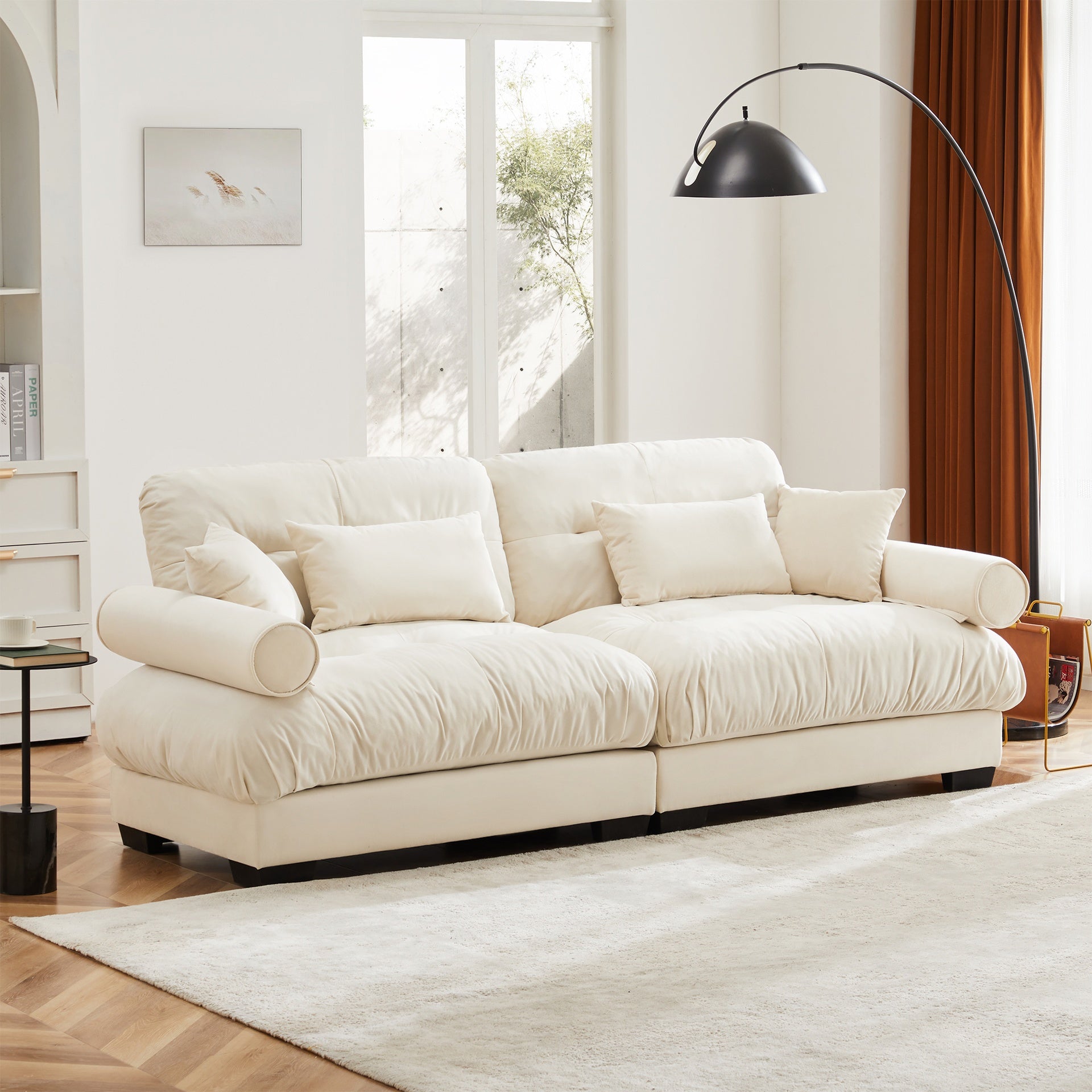 Large Size Modern Two-seater Sofa with Bolstered Armrests,Velvet 2-Seater Sofa With Waist Pillows and Throw Pillows , Suitable for Living Room , Loft, Working Spaces , Hallway and Bedroom,Cream