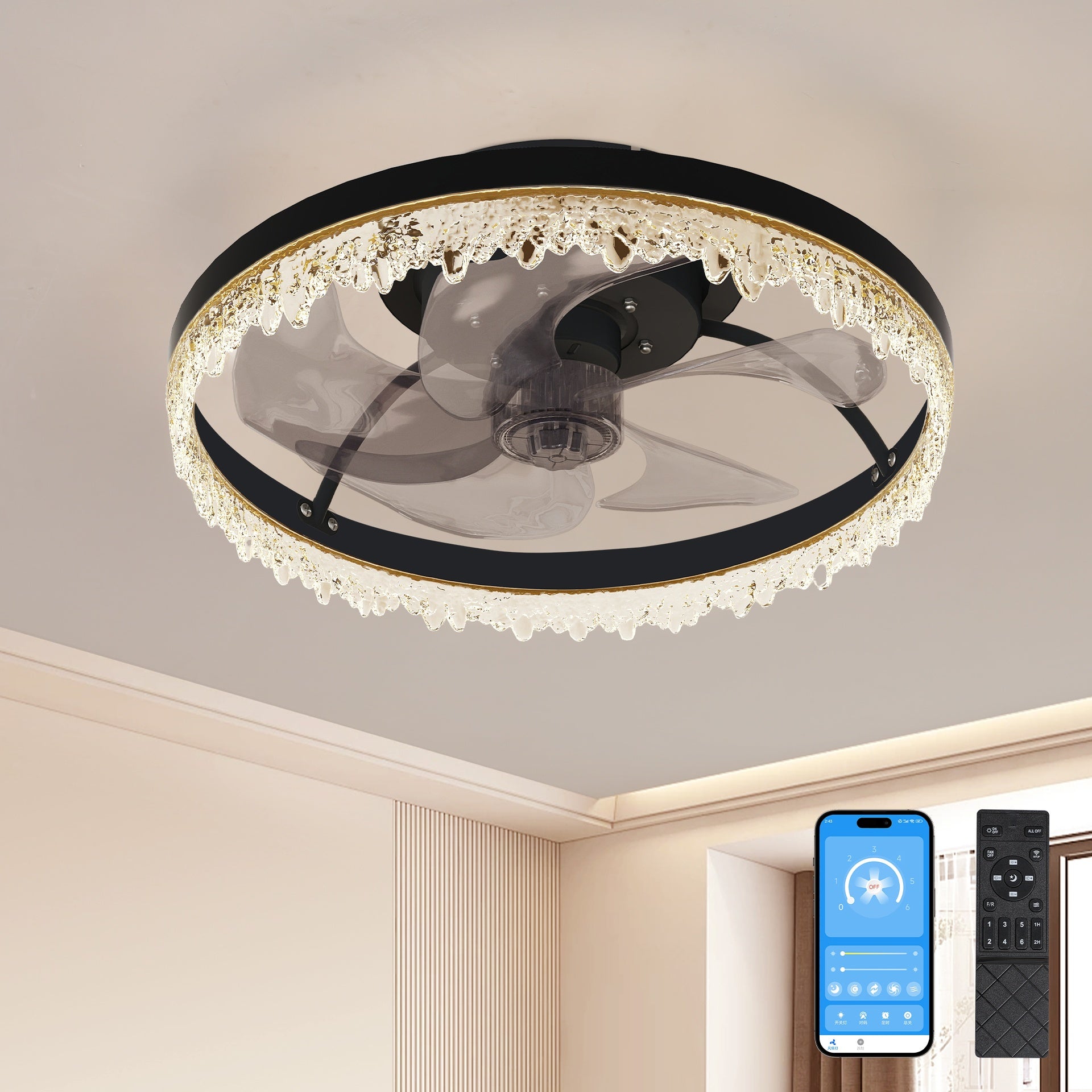 Smart Silent Elegant Black Ceiling Fan with Light – 16-inch Flush Mount LED Chandelier with 5 Invisible Blades, Remote Control & Timer, Dimmable Lighting for Bedroom, Living Room, Dining Room