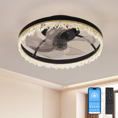 Smart Silent Elegant Black Ceiling Fan with Light – 16-inch Flush Mount LED Chandelier with 5 Invisible Blades, Remote Control & Timer, Dimmable Lighting for Bedroom, Living Room, Dining Room