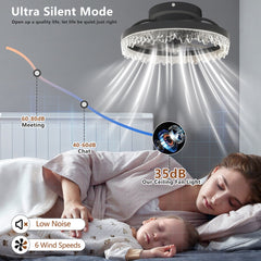 Smart Silent Elegant Black Ceiling Fan with Light – 16-inch Flush Mount LED Chandelier with 5 Invisible Blades, Remote Control & Timer, Dimmable Lighting for Bedroom, Living Room, Dining Room