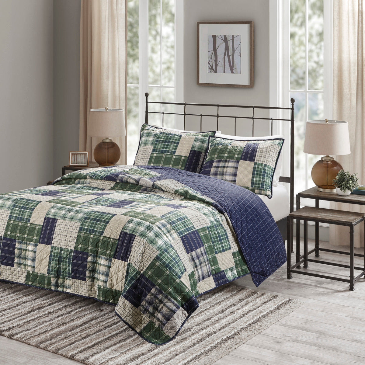 3 Piece Reversible Printed Quilt Set Green / Navy King/Cal King
