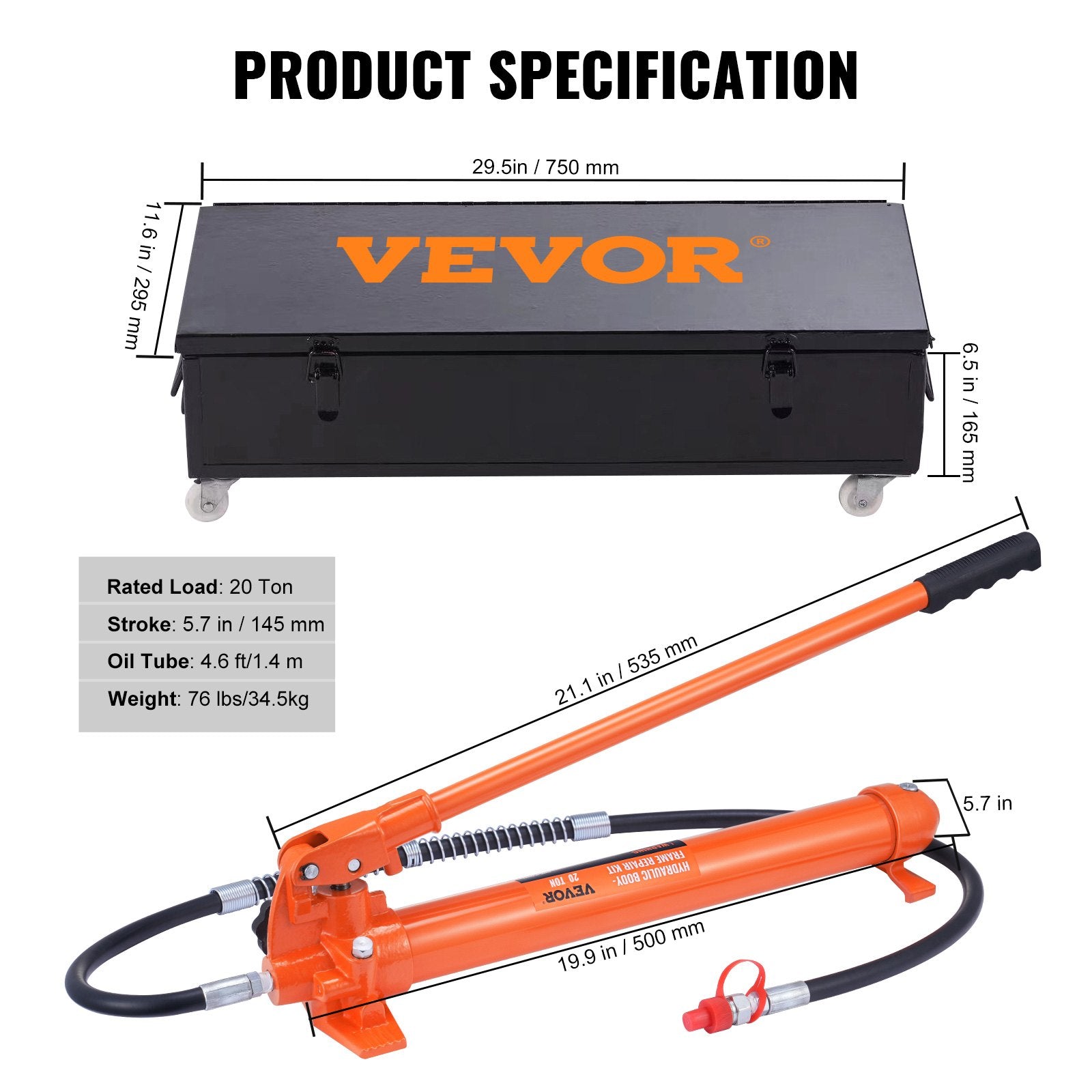20 Ton Porta Power Kit, Portable Hydraulic Jack with 4.6 ft/1.4 m Oil Hose, Car Frame Repair Tool with Storage Case for Automotive, Heavy Equipment, Mechanic (44000 LBS)