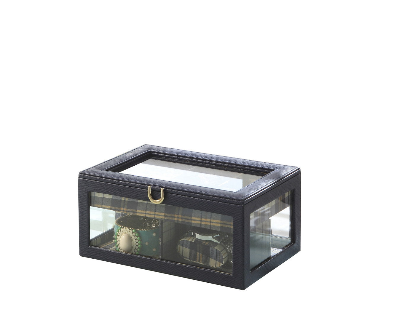 9.8" Long Tempered Glass and Leather Jewelry Case / Watch Display, Blue