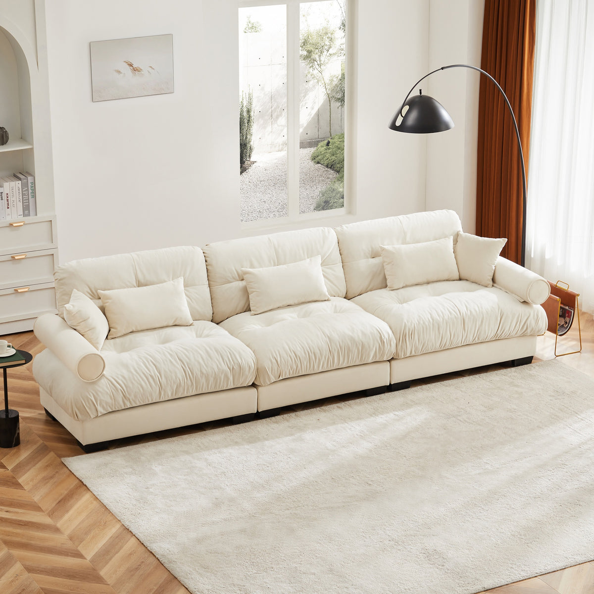Extra Large  3 Seat Modern Velvet Sofa, Oversize Sofa, Clould Like Comfortable Seat and Back Support, With Waist Pillows and Throw Pillows, Cream