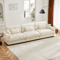 Extra Large  3 Seat Modern Velvet Sofa, Oversize Sofa, Clould Like Comfortable Seat and Back Support, With Waist Pillows and Throw Pillows, Cream