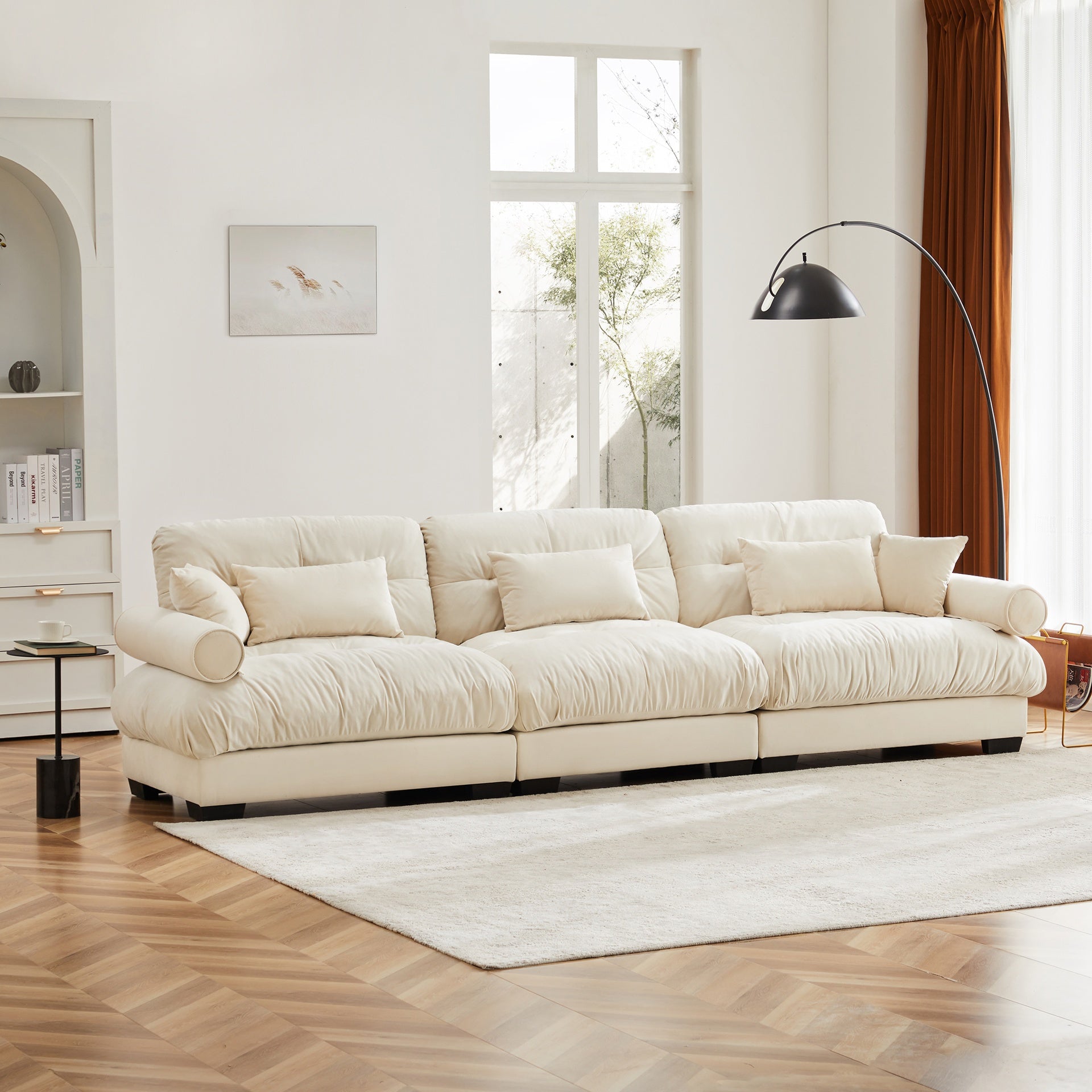 Extra Large  3 Seat Modern Velvet Sofa, Oversize Sofa, Clould Like Comfortable Seat and Back Support, With Waist Pillows and Throw Pillows, Cream