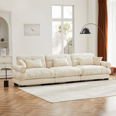 Extra Large  3 Seat Modern Velvet Sofa, Oversize Sofa, Clould Like Comfortable Seat and Back Support, With Waist Pillows and Throw Pillows, Cream