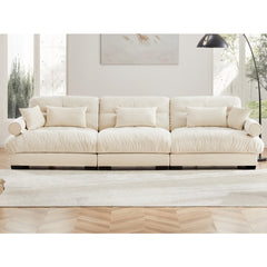 Extra Large  3 Seat Modern Velvet Sofa, Oversize Sofa, Clould Like Comfortable Seat and Back Support, With Waist Pillows and Throw Pillows, Cream