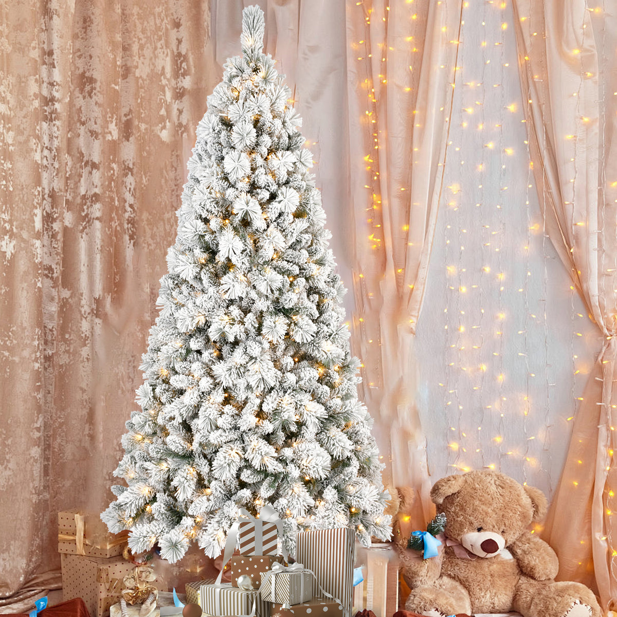 6FT Flocked Christmas Tree with 350 Warm White LED Lights – 752 Tips, Snowy PVC & Hard Needle Branches, Hinged Design for Easy Setup, Sturdy Metal Stand – Full & Realistic Holiday Tree