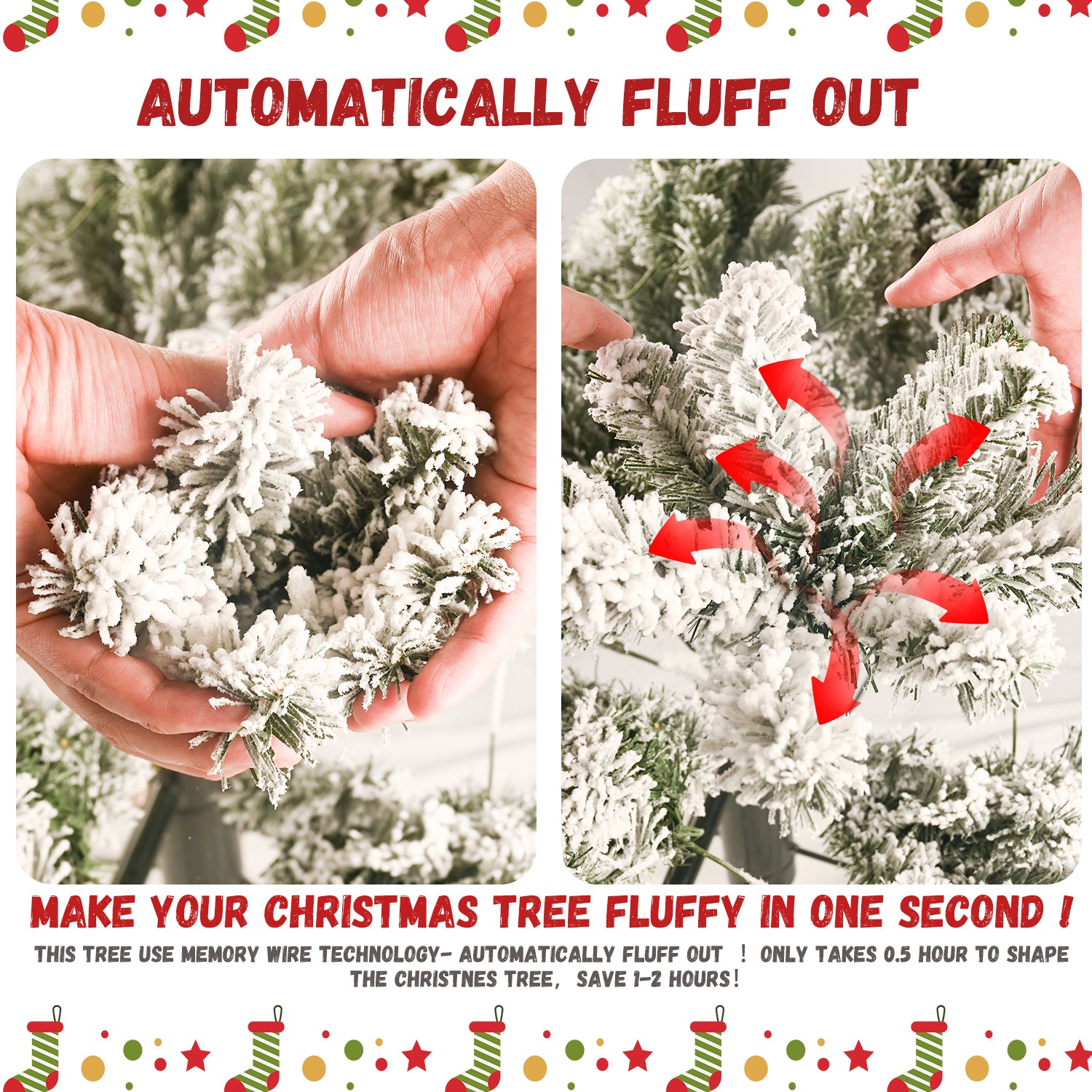 6FT Flocked Christmas Tree with 350 Warm White LED Lights – 752 Tips, Snowy PVC & Hard Needle Branches, Hinged Design for Easy Setup, Sturdy Metal Stand – Full & Realistic Holiday Tree
