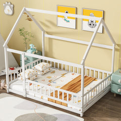 Full Size House Floor Wooden Bed with Roof Frame, Safety Guardrails,Whtie