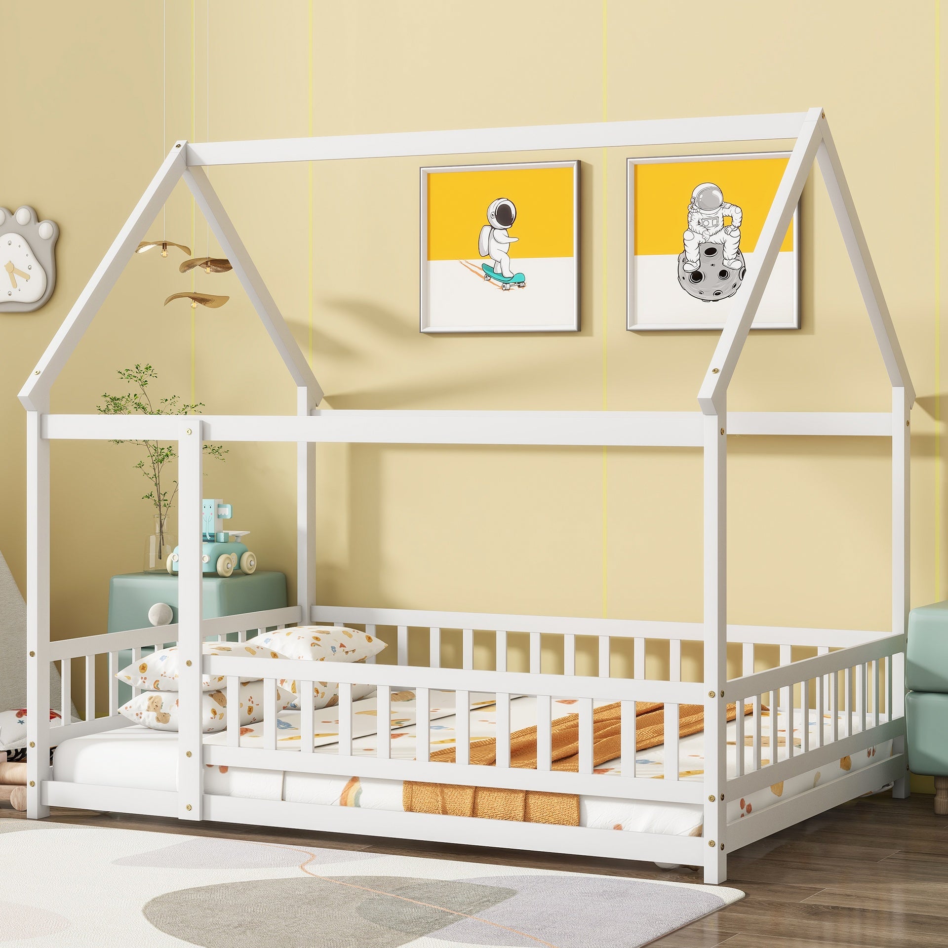 Full Size House Floor Wooden Bed with Roof Frame, Safety Guardrails,Whtie