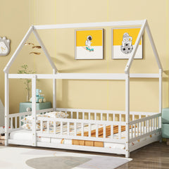 Full Size House Floor Wooden Bed with Roof Frame, Safety Guardrails,Whtie