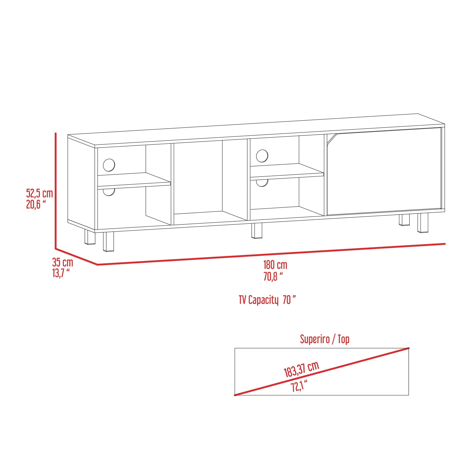 Native TV Stand for TV麓s up 70 inch, Four Open Shelves, Five Legs
