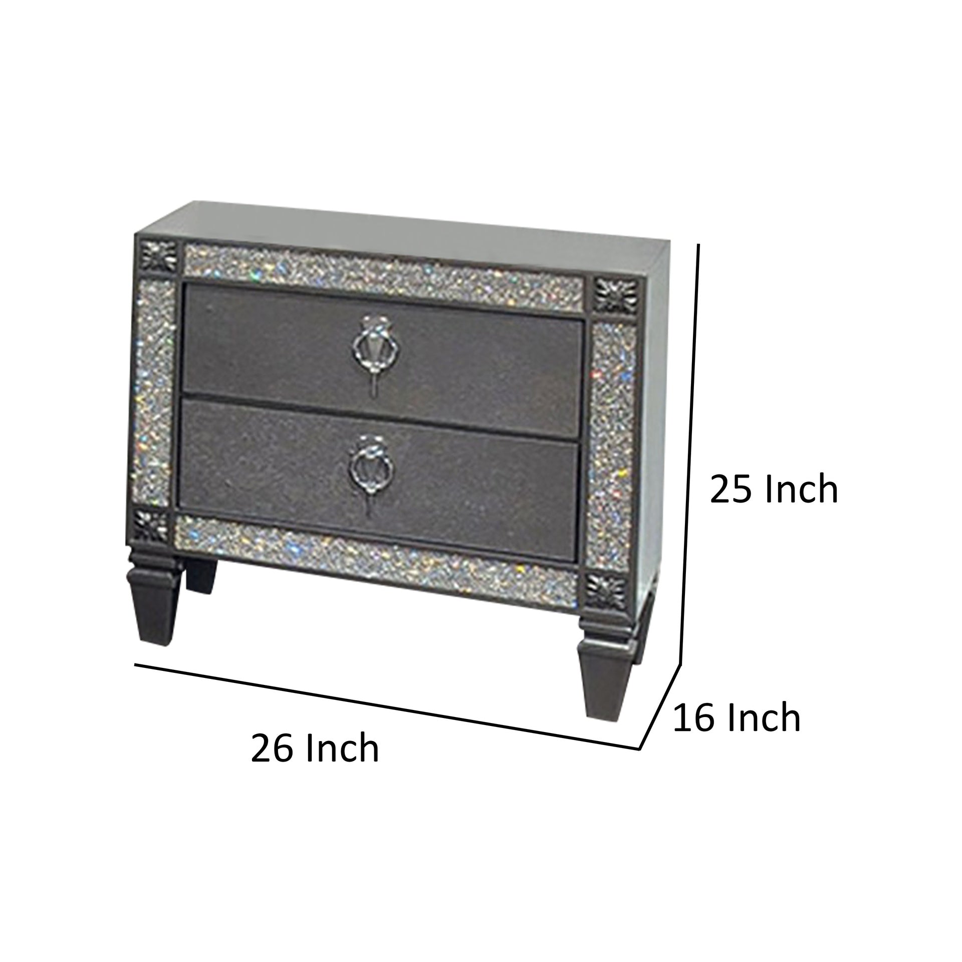 Laine Nightstand, 2 Drawers, Crystal Like Acrylic Trim, Gray Solid Wood