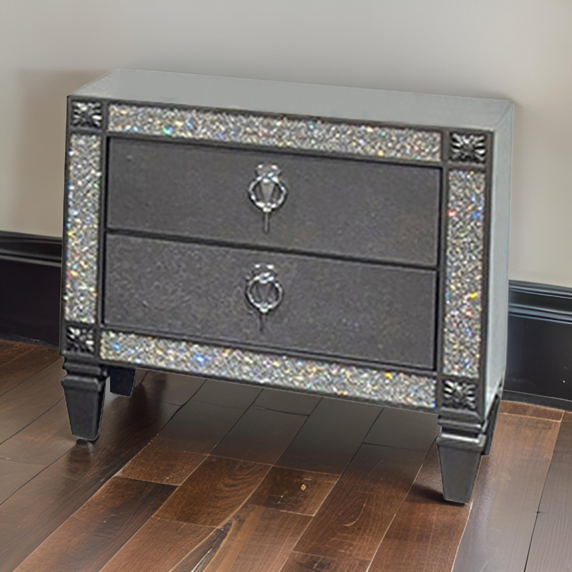 Laine Nightstand, 2 Drawers, Crystal Like Acrylic Trim, Gray Solid Wood