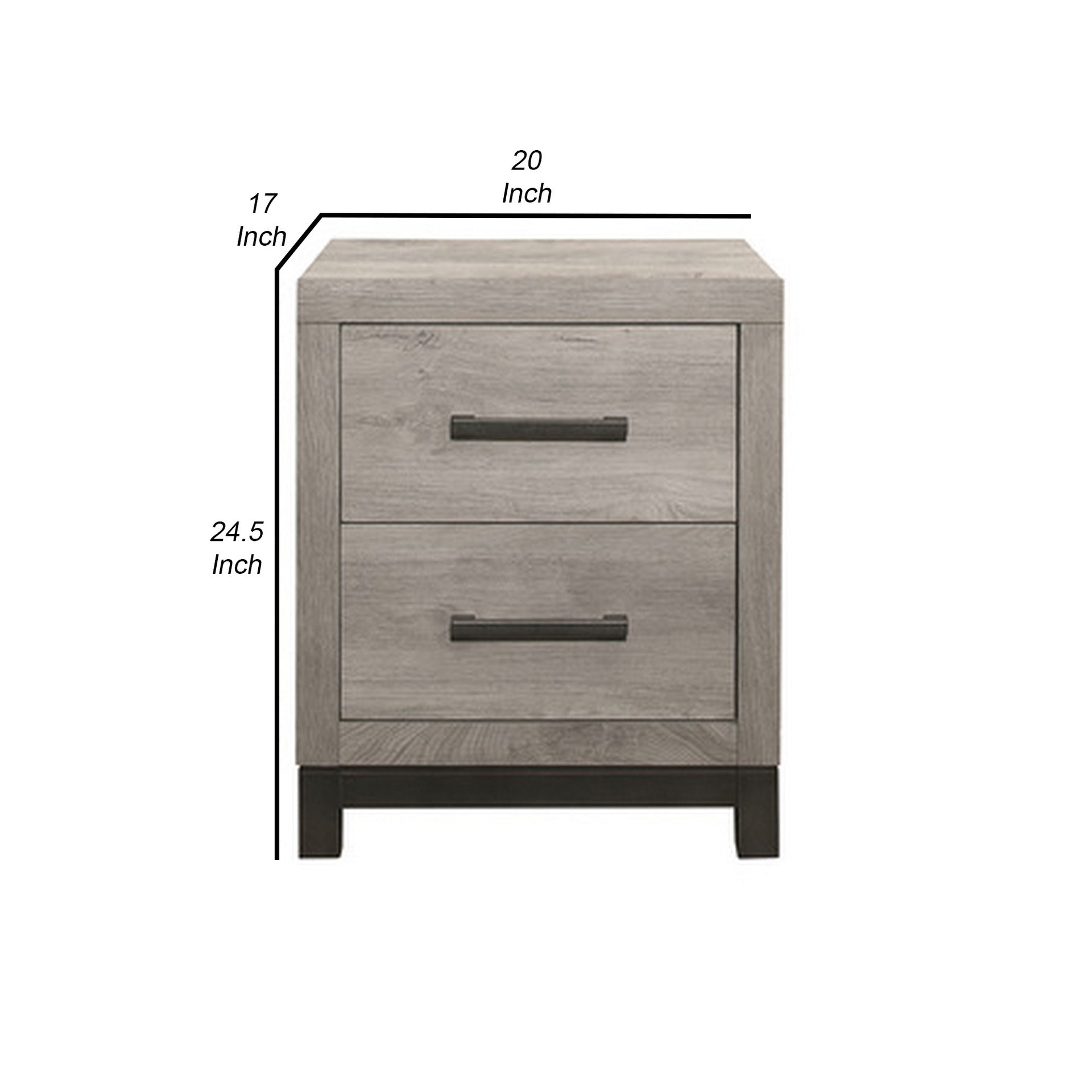 Deena 25 Inch Classic 2 Drawer Nightstand, Metal Handles, Wood Grain Gray