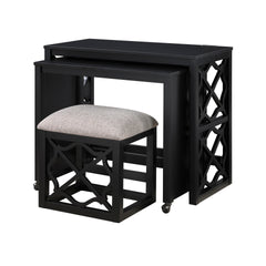 Desks and Stool Set 3pc Black Finish Rolling Desk with Casters, 2 Charging ports Home Office Furniture