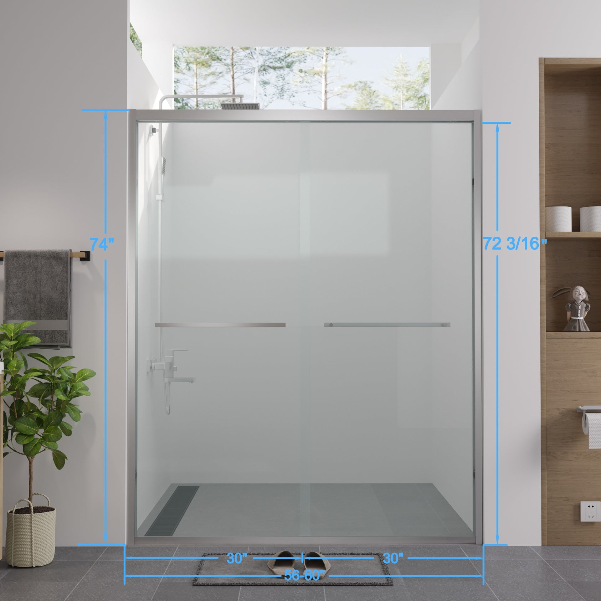 56-60"x74" Aluminum Frame Double Sliding Shower Door,Bypass Bathroom Sliding Door with Premium 1/4" (6mm) Clear Tempered Glass, Chrome Hardware Sliding Glass Shower Enclosure,Chrome  Finished