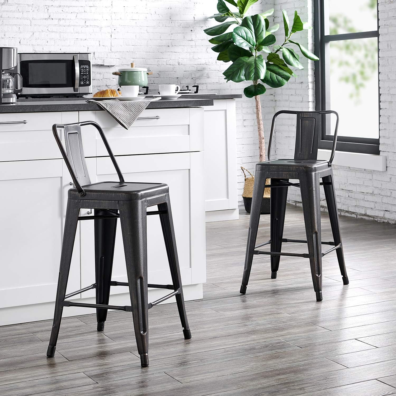 24"Metal Barstool,Country Rustic Style with Back, Kitchen Counter Bar Stool, Lightweight & Sturdy Build, Set of 4 -Matte Black