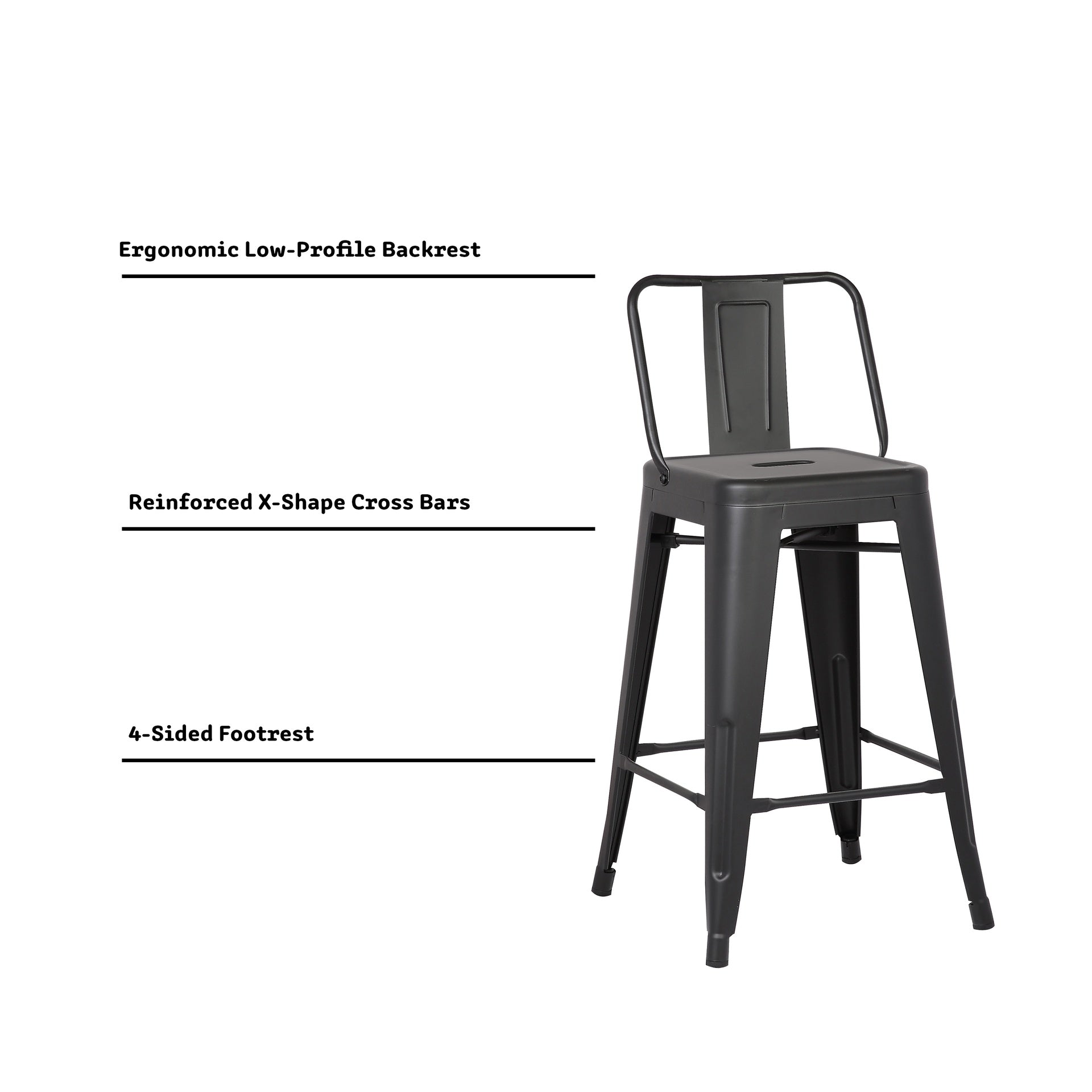 24"Metal Barstool,Country Rustic Style with Back, Kitchen Counter Bar Stool, Lightweight & Sturdy Build, Set of 4 -Matte Black