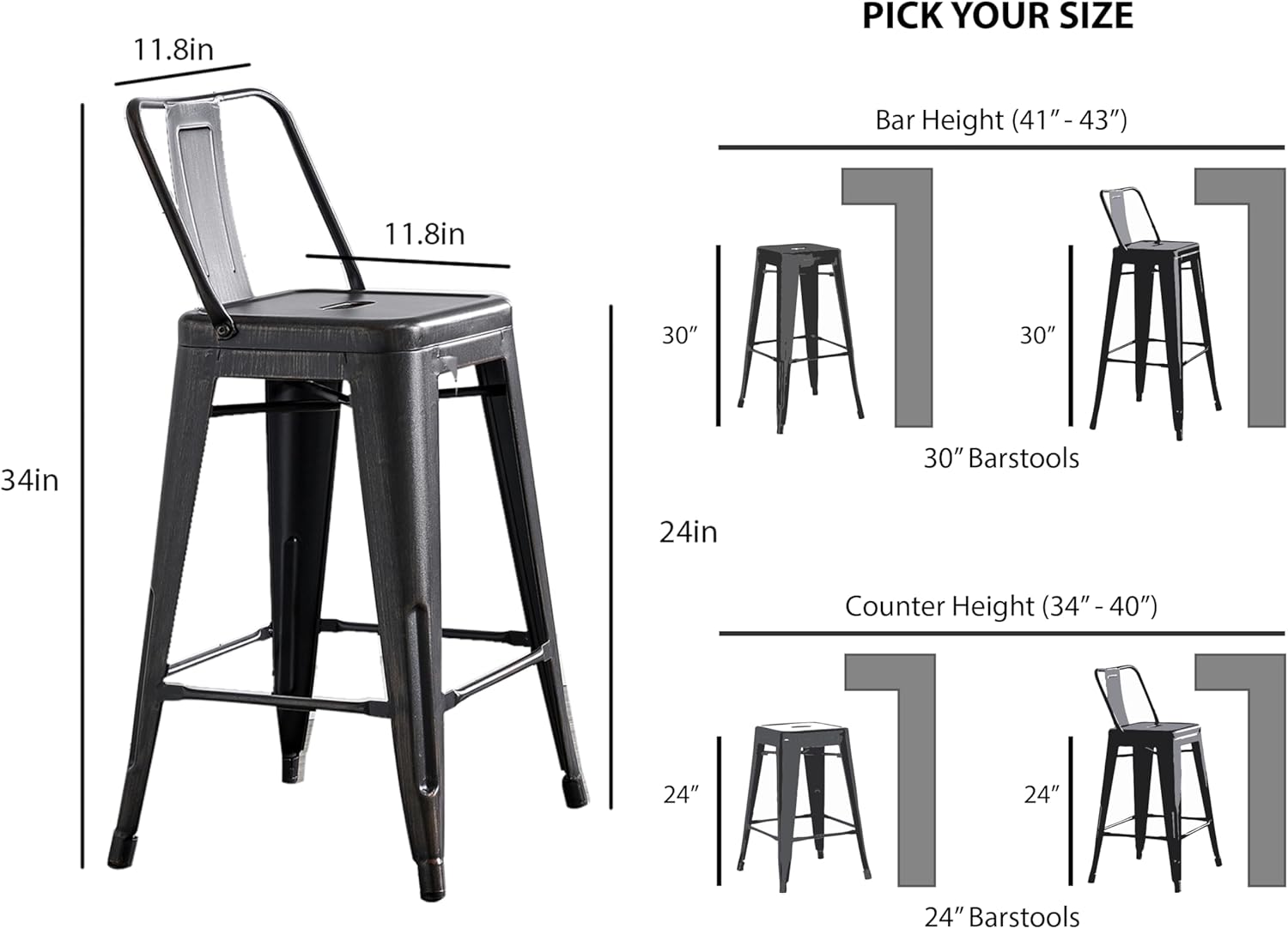 24"Metal Barstool,Country Rustic Style with Back, Kitchen Counter Bar Stool, Lightweight & Sturdy Build, Set of 4 -Matte Black