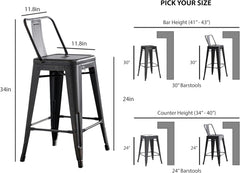 24"Metal Barstool,Country Rustic Style with Back, Kitchen Counter Bar Stool, Lightweight & Sturdy Build, Set of 4 -Matte Black